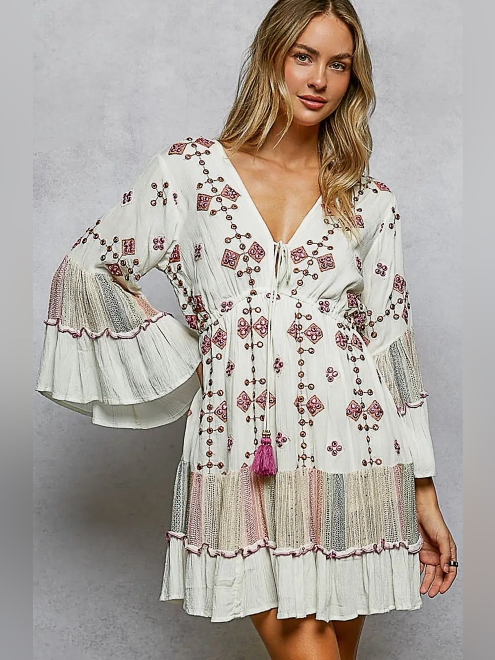 NEW POL Aztec Pattern Long Sleeve Woven Print Ruffle Dress In Ivory Multi
